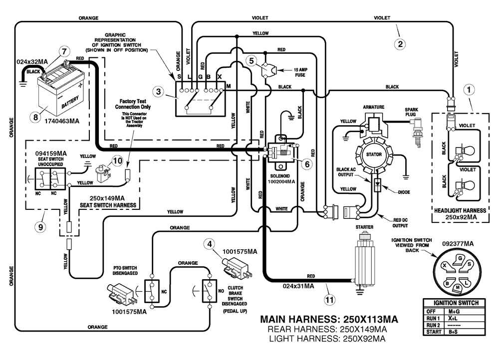 Electrical System Diagram and Parts List for 385047X51A 2007 Briggs and Stratton Lawn Tractor
